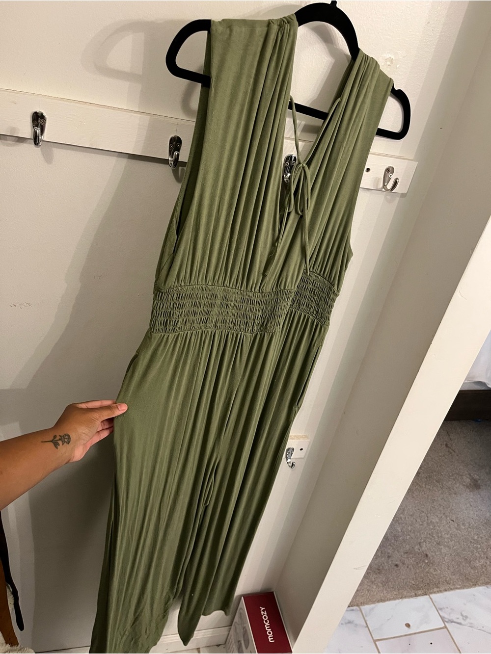 Old Navy Olive Green V-Neck Smocked-Waist Jumpsuit - Picture 4 of 6